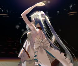 Rule 34 | 1girl, arms up, backlighting, bad id, bad twitter id, bare back, beamed eighth notes, blue hair, blurry, bokeh, breasts, choker, closed eyes, commentary, covered mouth, dancing, depth of field, dress, expressionless, eyelashes, from behind, hatsune miku, honnou (kjs9504), light particles, long hair, medium breasts, miku with you (vocaloid), musical note, outstretched arms, profile, puffy short sleeves, puffy sleeves, ribbon, see-through, see-through sleeves, short sleeves, shoulder blades, sideboob, solo, spotlight, straight hair, strapless, strapless dress, twintails, upper body, very long hair, vocaloid, white dress, white ribbon