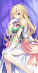 Rule 34 | 10s, 1girl, ;o, absurdres, armlet, bare shoulders, belt, blonde hair, blue eyes, braid, breasts, brooch, cleavage, dress, french braid, frilled gloves, frills, from side, game cg, gloves, hair ornament, hair ribbon, half-closed eyes, half updo, halterneck, hand on own knee, hand to own mouth, hand up, highres, impossible clothes, impossible dress, jewelry, lace, lace-trimmed legwear, lace trim, large breasts, legs, long hair, long legs, looking at viewer, looking back, neptune (series), official art, one eye closed, open mouth, pantyhose, raised eyebrows, ribbon, sash, see-through, side slit, sideboob, sitting, solo, tears, tsunako, turtleneck, vert (neptunia), wavy hair, white dress, white gloves, white pantyhose, wince