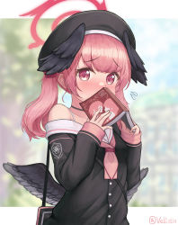 Rule 34 | 1girl, belt, black wings, blue archive, blush, book, choker, collarbone, commentary, covering own mouth, embarrassed, english commentary, feathered wings, hair between eyes, halo, hat, head wings, highres, holding, holding book, koharu (blue archive), long hair, long sleeves, looking at viewer, manga (object), pink eyes, pink hair, school uniform, serafuku, sidelocks, solo, twintails, twitter username, vellistix, wings