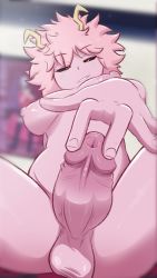 Rule 34 | 1futa, absurdres, ashido mina, black sclera, blurry, blurry background, boku no hero academia, breasts, colored sclera, colored skin, commentary, completely nude, english commentary, erection, foreshortening, from below, full-package futanari, futanari, greatb8, greatm8, half-closed eyes, highres, horns, indoors, large breasts, naughty face, nude, outstretched arm, outstretched hand, parted lips, photoshop (medium), pink hair, pink skin, puffy nipples, short hair, smirk, solo, source filmmaker (medium), spread legs, spread urethra, testicles, thighs, uncensored, urethra, yellow eyes