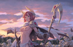 Rule 34 | 1girl, armor, army, backlighting, bigrbear, breasts, cape, cloud, dragon girl, forest, gauntlets, green eyes, highres, looking at viewer, nature, navel, nipples, original, outdoors, pauldrons, pointy ears, red hair, scythe, short hair, shoulder armor, sky, solo focus, standard bearer, standing, topless, weapon