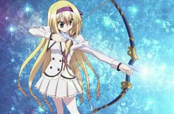 Rule 34 | 10s, 1girl, arrow (projectile), blonde hair, bow (weapon), green eyes, highres, ice, long hair, pantyhose, pleated skirt, rinslet laurenfrost, school uniform, screencap, seirei tsukai no blade dance, skirt, solo, weapon, white pantyhose