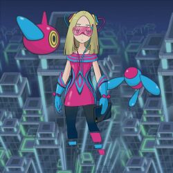 Rule 34 | 1girl, alternate costume, black pantyhose, blonde hair, blue gloves, bright pupils, closed mouth, collarbone, commentary, creatures (company), dress, expressionless, ffccll, game freak, gen 4 pokemon, gloves, grey eyes, half-closed eyes, holding, holding tablet pc, long hair, looking at viewer, mina (pokemon), nintendo, pantyhose, pink-tinted eyewear, pink dress, pokemon, pokemon masters ex, pokemon sm, porygon-z, sunglasses, tablet pc, tinted eyewear, white pupils