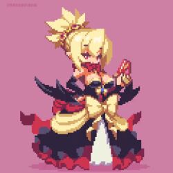Rule 34 | 1girl, animated, animated gif, bare shoulders, big hair, black dress, blonde hair, bouncing breasts, bow, bowtie, breasts, cleavage, disgaea, disgaea 2, dress, female focus, full body, gun, holding, holding gun, holding weapon, large breasts, looking at viewer, open mouth, pixel art, pointy ears, ponytail, red background, red bow, red bowtie, red eyes, red ribbon, ribbon, rozalin, sakuemon, shadow, shiny skin, short ponytail, solo, standing, weapon, yellow bow, yellow ribbon