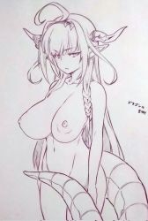 Rule 34 | 1girl, ahoge, braid, breasts, closed mouth, commentary request, completely nude, corrupted twitter file, dragon girl, dragon horns, dragon tail, highres, hololive, horns, kiryu coco, large breasts, long hair, looking at viewer, monochrome, navel, nipples, nude, pointy ears, single braid, solo, tagme, tail, traditional media, translation request, tsukareta san, virtual youtuber