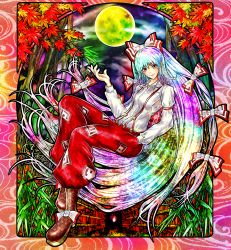 Rule 34 | 1girl, armband, autumn leaves, bad id, bad pixiv id, bamboo, boots, bow, cloud, dress shirt, fence, framed, fujiwara no mokou, full moon, hair bow, hand in pocket, hand up, leaf, long hair, long sleeves, looking at viewer, maple leaf, moon, multicolored hair, night, night sky, ofuda, pants, rainbow hair, red eyes, shirt, sky, solo, sun (sunsun28), suspenders, touhou, very long hair, wooden fence