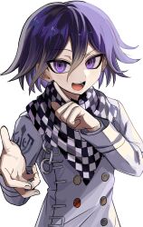 Rule 34 | 1boy, :d, absurdres, blush, buttons, checkered clothes, checkered scarf, danganronpa (series), danganronpa v3: killing harmony, double-breasted, grey jacket, hair between eyes, hands up, highres, index finger raised, jacket, kayupon, long sleeves, male focus, medium hair, open mouth, oma kokichi, purple eyes, purple hair, scarf, simple background, smile, solo, teeth, tongue, upper body, white background