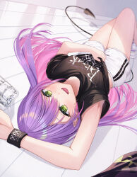Rule 34 | 1girl, absurdres, black shirt, blush, breasts, colored inner hair, demon girl, demon tail, ear piercing, fangs, gradient hair, green eyes, hair ornament, highres, hololive, long hair, looking at viewer, lying, multicolored hair, on back, open mouth, piercing, pink hair, purple hair, runlan 0329, shirt, shorts, small breasts, smile, solo, streaked hair, swept bangs, tail, tokoyami towa, virtual youtuber, white shorts