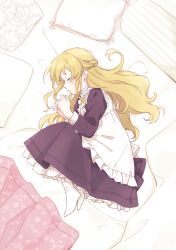 1girl apron bed black_dress blonde_hair blush closed_eyes commentary_request demirinz dress fetal_position lying maid maid_apron on_bed on_side original pillow socks solo white_socks