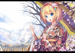 Rule 34 | 1girl, bad id, bad pixiv id, blonde hair, blue eyes, blush, cherry blossoms, echj, flower, hair flower, hair ornament, hairband, holding, holding umbrella, japanese clothes, kimono, letterboxed, looking at viewer, nail polish, open mouth, original, parasol, red nails, short hair, solo, teeth, umbrella, winter