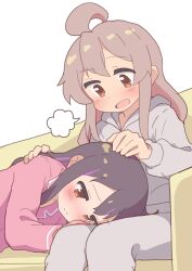 Rule 34 | 2girls, :d, puff of air, ahoge, black hair, blush, brown eyes, commentary request, couch, embarrassed, grey hair, grey hoodie, grey pants, hair down, hand on another&#039;s head, hand on another&#039;s shoulder, hatafuta, headpat, highres, hood, hood down, hoodie, lap pillow, long hair, long sleeves, looking at another, lying, multicolored hair, multiple girls, on side, onii-chan wa oshimai!, open mouth, oyama mahiro, oyama mihari, pajamas, pants, pink pajamas, purple hair, siblings, simple background, sisters, sitting, smile, streaked hair, two-tone hair, white background