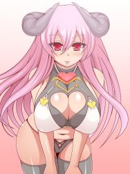 Rule 34 | 1girl, bad id, bad pixiv id, black panties, black thighhighs, blush, breasts, breasts squeezed together, cameltoe, cleavage, cleavage cutout, clothing cutout, cowboy shot, crop top, cross-laced clothes, demon girl, demon horns, eyebrows, gem, gradient background, hair between eyes, halterneck, heart, heart-shaped pupils, heart cutout, highres, horns, large breasts, leaning forward, long hair, midriff, milk lemon tea, navel, original, panties, pink background, pink hair, red eyes, sideboob, skin tight, sleeveless, solo, stomach, string panties, symbol-shaped pupils, thigh gap, thighhighs, underwear