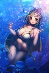 Rule 34 | 1girl, bad id, bad pixiv id, barefoot, bikini, blonde hair, blush, breasts, cleavage, devil maker, diving, fish, hair ornament, highres, holding breath, large breasts, long hair, navel, open mouth, original, red eyes, rheez, side-tie bikini bottom, solo, star (symbol), star hair ornament, swimming, swimsuit, thigh gap, underwater