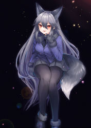 Rule 34 | 10s, 1girl, :d, animal ears, black background, black footwear, black gloves, black neckwear, black pantyhose, blue jacket, bow, bowtie, commentary, coyucom, extra ears, finger to face, fox ears, fox tail, full body, fur-trimmed sleeves, fur trim, gloves, grey hair, grey skirt, hair between eyes, highres, jacket, kemono friends, lens flare, long hair, long sleeves, looking at viewer, necktie, open mouth, pantyhose, pleated skirt, red eyes, shoes, silver fox (kemono friends), simple background, skirt, smile, solo, tail, very long hair