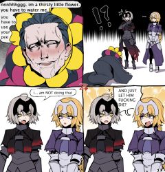 Rule 34 | !?, ..., 1boy, 2girls, 4koma, :d, ahegao, all fours, armor, armored boots, black hair, black legwear, blonde hair, blush, boots, breasts, chain, comic, drooling, english text, fang, fate/apocrypha, fate/grand order, fate/zero, fate (series), forehead, gauntlets, gilles de rais (caster) (fate), grey hair, helmet, highres, j.k., jeanne d&#039;arc (fate), jeanne d&#039;arc (ruler) (fate), jeanne d&#039;arc alter (avenger) (fate), jeanne d&#039;arc alter (fate), long hair, meme, multiple girls, open mouth, profanity, purple eyes, robe, short hair, smile, square 4koma, sweat, sweatdrop, teeth, thighhighs, yellow eyes