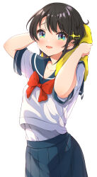 Rule 34 | 1girl, :d, black hair, blue eyes, blue sailor collar, blue skirt, blush, bow, bowtie, collarbone, hair between eyes, highres, hololive, looking at viewer, oozora subaru, open mouth, pleated skirt, red bow, red bowtie, sailor collar, sailor shirt, shirt, short hair, short sleeves, simple background, skirt, smile, solo, standing, suzushika (13 96), towel, virtual youtuber, white background, white shirt