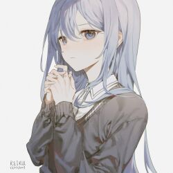 Rule 34 | 1girl, blue eyes, blue hair, cardigan, collared shirt, commentary, dated, expressionless, grey cardigan, hair between eyes, highres, immiscible discord (project sekai), interlocked fingers, light blue hair, lingjiu yuki, long hair, official alternate costume, own hands clasped, own hands together, project sekai, shirt, signature, simple background, solo, upper body, very long hair, white background, white shirt, yoisaki kanade