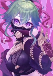 Rule 34 | 1girl, bare shoulders, black gloves, black jacket, black mask, black tank top, breasts, commentary request, covered mouth, fishnets, genshin impact, gloves, green hair, hair between eyes, hand on own face, highres, jacket, kuki shinobu, looking at viewer, mask, masked, medium breasts, mouth mask, ninja, ninja mask, off shoulder, open clothes, open jacket, pink background, purple eyes, sanshoku dango (ahxf3842), solo, tank top