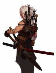 Rule 34 | 00s, belt, claymore (sword), dungeon and fighter, facial tattoo, katana, knife, multiple swords, pouch, solderos, strap, sword, tattoo, weapon, white hair