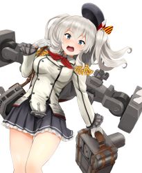Rule 34 | 1girl, beret, blue eyes, blush, breasts, epaulettes, frilled skirt, frills, gloves, hat, unworn hat, unworn headwear, holding, kantai collection, kashima (kancolle), long hair, long sleeves, open mouth, red neckwear, rigging, silver hair, simple background, skirt, solo, sweat, twintails, watanore, wavy hair, white background, white gloves