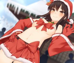 Rule 34 | 1girl, bare shoulders, belt, black hair, blurry, blurry background, blush, bow, breasts, brown eyes, commentary, covered erect nipples, day, detached sleeves, dutch angle, fur-trimmed skirt, fur-trimmed sleeves, fur trim, gloves, hakurei reimu, hand on own hip, hand up, hat, heart pasties, highres, icicle, long hair, medium breasts, miyo (ranthath), money gesture, navel, neck bell, outdoors, pasties, pom pom (clothes), red bow, red gloves, santa costume, santa hat, silhouette, skirt, smile, solo focus, stomach, sweat, topless, touhou, winter