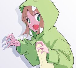 Rule 34 | 1girl, :d, brown hair, claw pose, commentary, dinosaur costume, eyes visible through hair, fang, green eyes, grey background, highres, hood, hood up, long sleeves, looking at viewer, oka asahi, onesie, onii-chan wa oshimai!, open mouth, simple background, skin fang, smile, solo, swiz667, upper body, zipper pull tab