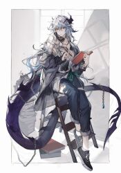 Rule 34 | 1boy, absurdres, arknights, black footwear, blue hair, book, book stack, chain, chain necklace, crossed bangs, dragon boy, dragon horns, dragon tail, full body, gradient hair, grey shirt, hair between eyes, highres, holding, holding notebook, holding pen, horns, indoors, jewelry, ladder, light blue hair, looking at viewer, male focus, messy hair, multicolored hair, multiple rings, necklace, notebook, official alternate costume, on ladder, parted lips, pen, phone, purple eyes, puzzle (amidst the pieces) (arknights), puzzle (arknights), ring, shirt, shoes, sitting, solo, stepladder, streaked hair, tail, takano jiyuu, two-tone hair, white hair, writing