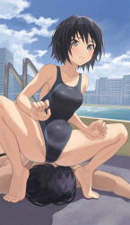 Rule 34 | 1boy, 1girl, amagami, barefoot, black hair, black one-piece swimsuit, blue sky, botan m, breasts, brown eyes, building, cityscape, cloud, commentary request, commission, competition swimsuit, day, faceless, faceless male, highres, nanasaki ai, one-piece swimsuit, outdoors, short hair, sitting, sitting on face, sitting on person, sky, small breasts, squatting, swimsuit