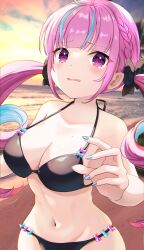 Rule 34 | 1girl, absurdres, ahoge, bare shoulders, beach, bikini, black bikini, black bow, blue bow, blue hair, blue nails, blue sky, blunt bangs, blurry, blurry background, bow, braid, breasts, cleavage, colored inner hair, fingernails, glitter, groin, hair bow, halterneck, highres, hololive, kudoukudokudo, large breasts, light blue hair, long fingernails, long hair, minato aqua, multicolored hair, nail polish, navel, open mouth, outdoors, pink bow, pink hair, purple eyes, sky, solo, stomach, streaked hair, string bikini, swimsuit, tearing up, thighs, two-tone hair, virtual youtuber, wavy mouth