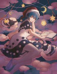 Rule 34 | 1girl, absurdres, arm support, black dress, blue eyes, blue hair, book, capelet, cloud, crescent, doremy sweet, dress, earrings, gyokudama (niku), hat, head on hand, highres, jewelry, long hair, looking at viewer, on cloud, open book, pink clouds, santa hat, slippers, solo, star (symbol), tapir, touhou, two-tone dress, white dress