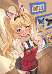 Rule 34 | 1girl, absurdres, animal ears, apron, black necktie, black skirt, black thighhighs, blonde hair, blue eyes, blush, braid, breasts, bug, butterfly, cat ears, collared shirt, cowboy shot, dress shirt, fake animal ears, french braid, from above, granblue fantasy, hair intakes, hairband, highres, insect, large breasts, long hair, long sleeves, looking at viewer, necktie, open mouth, paw pose, picture frame, pm tii (matuko1024), red apron, shirt, sidelocks, skirt, solo, tearing up, thighhighs, twintails, white shirt, zeta (granblue fantasy)