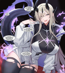Rule 34 | 1girl, absurdres, arknights, black background, black thighhighs, blue eyes, breasts, commentary, cowboy shot, eblana (arknights), grey hair, highres, horns, huge breasts, jacket, kanta (kanta 077), long hair, looking at viewer, off shoulder, open clothes, open jacket, open mouth, smile, solo, standing, tail, thighhighs, thighs, very long hair, white jacket