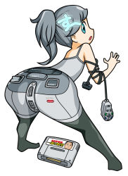 Rule 34 | 1girl, ass, bad id, bad pixiv id, bent over, blue eyes, cameo, cartridge, console, controller, game console, game controller, highres, long hair, looking back, masayan (minor-ms), nintendo, nintendo-tan, ozawa ichirou, personification, ponytail, real life, silver hair, simple background, solo, super famicom, super nintendo, white background