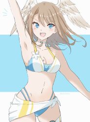 Rule 34 | 1girl, :d, arm up, bikini, blue eyes, breast tattoo, breasts, brown hair, chobi0521, choker, commentary request, eunie (xenoblade), head wings, highres, long hair, looking at viewer, medium breasts, multi-strapped bikini bottom, navel, official alternate costume, open mouth, smile, solo, swimsuit, tattoo, teeth, thigh strap, upper teeth only, white choker, white wings, wings, xenoblade chronicles (series), xenoblade chronicles 3