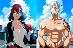 Rule 34 | 1boy, 1girl, abs, absurdres, andy (undead unluck), arm tattoo, bare pectorals, black jacket, bleeding, blood, blue eyes, breasts, brown eyes, building, city, cleavage, clenched hand, day, gloves, grey hair, grin, hair between eyes, hands in pockets, highres, impaled, izumo fuuko, jacket, long sleeves, medium breasts, medium hair, muscular, muscular male, pectorals, red gloves, red headwear, shishiruto, skullcap, skyscraper, smile, sweatdrop, tattoo, topless male, undead unluck