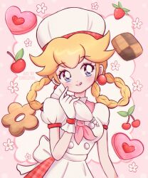 Rule 34 | 1girl, :p, absurdres, apron, artist name, blonde hair, blue eyes, blush, braid, breasts, chellyko, cherry, closed mouth, cookie, double-parted bangs, dress, earrings, flower, food, fruit, gloves, hat, highres, jewelry, long dress, looking to the side, mario (series), medium bangs, medium breasts, medium hair, nintendo, official alternate costume, patissiere peach, pink background, princess peach, princess peach: showtime!, red dress, smile, solo, sphere earrings, tongue, tongue out, twin braids, upper body, white apron, white flower, white gloves, white hat