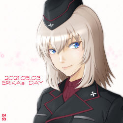 Rule 34 | 1girl, artist logo, black hat, black jacket, blue eyes, character name, closed mouth, commentary, dated, dress shirt, english text, garrison cap, girls und panzer, hat, insignia, itsumi erika, jacket, kuromorimine military uniform, looking at viewer, medium hair, military, military hat, military uniform, nishi itsumi, portrait, red shirt, shirt, silver hair, smile, solo, uniform, wing collar
