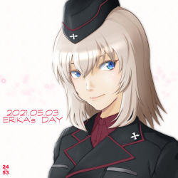 Rule 34 | 1girl, artist logo, black hat, black jacket, blue eyes, character name, closed mouth, commentary, dated, dress shirt, english text, garrison cap, girls und panzer, hat, insignia, itsumi erika, jacket, kuromorimine military uniform, looking at viewer, medium hair, military, military hat, military uniform, nishi itsumi, portrait, red shirt, shirt, silver hair, smile, solo, wing collar