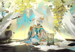 Rule 34 | 1boy, chinese clothes, eyeliner, hanfu, hua yi shanxin zhiyue, liao liao, looking at viewer, male focus, multicolored hair, official art, red eyeliner, scroll, solo, two-tone hair