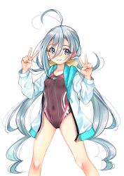 Rule 34 | 1girl, absurdres, ahoge, alternate costume, breasts, collarbone, competition swimsuit, cowboy shot, double v, grey eyes, grey hair, hair between eyes, hair bun, highres, jacket, kantai collection, kiyoshimo (kancolle), long hair, looking at viewer, low twintails, one-piece swimsuit, purple one-piece swimsuit, simple background, single hair bun, small breasts, smile, solo, swimsuit, twintails, v, very long hair, white background, white jacket, yashin (yasinz)