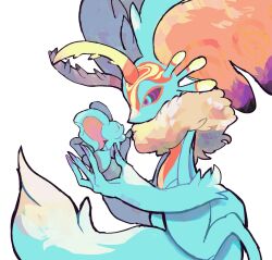 Rule 34 | antlers, blue fur, blush stickers, claws, commentary request, elfilin, fecto elfilis, furry, highres, horns, kirby (series), kirby and the forgotten land, multicolored eyes, ni re, nintendo, no humans, notched ear, simple background, solid oval eyes, tail, white background, wing ears, yellow fur