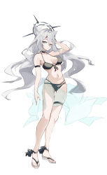 Rule 34 | 1569847238, 1girl, absurdres, ahoge, animal ears, bare arms, bare legs, bare shoulders, bikini, black bikini, blue archive, blue eyes, breasts, closed mouth, collarbone, cross hair ornament, dark halo, full body, grey hair, hair between eyes, hair ornament, halo, highres, large breasts, long hair, navel, sandals, shiroko (blue archive), shiroko terror (blue archive), simple background, solo, swimsuit, white background, wolf ears