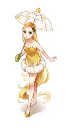 Rule 34 | 1girl, bare arms, bare legs, blonde hair, blue eyes, dress, food-themed clothes, full body, hair ornament, holding, leaf, lemonade, long hair, meago, original, personification, signature, sketch, solo, strapless, strapless dress, umbrella, very long hair, white background, yellow dress