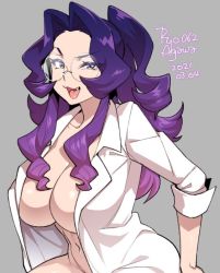 Rule 34 | 1girl, 2021, :3, agawa ryou, breasts, dated, fang, glasses, grey background, large breasts, long hair, looking at viewer, no panties, open clothes, open shirt, original, purple eyes, purple hair, simple background, smile, solo