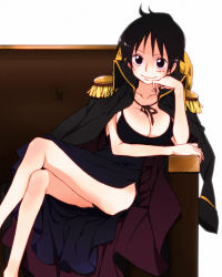 Rule 34 | 1girl, black hair, breasts, cleavage, crossed legs, epaulettes, female focus, genderswap, genderswap (mtf), head rest, large breasts, luffyko, monkey d. luffy, nochia, one piece, one piece: strong world, scar, short hair, simple background, sitting, solo, stitched, third-party edit