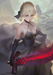 1girl abstract_background absurdres armpit_crease artoria_pendragon_(fate) bare_shoulders black_collar black_dress black_gloves black_ribbon blonde_hair braid breasts cleavage closed_mouth collar collarbone commentary cowboy_shot crown_braid cutout_above_navel dress elbow_gloves english_commentary excalibur_morgan_(fate) fate/grand_order fate/stay_night fate_(series) gloves glowing glowing_sword glowing_weapon hair_between_eyes hair_ribbon highres holding holding_sword holding_weapon large_breasts lips looking_down medium_hair qmo_(chalsoma) ribbon saber_alter sideboob solo sword weapon yellow_eyes