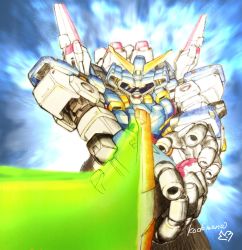 Rule 34 | glowing, glowing eyes, highres, holding, holding sword, holding weapon, mecha, no humans, open hand, robot, science fiction, solo, srx, super robot, super robot wars, super robot wars original generation, sword, weapon, yellow eyes, yuzupapa