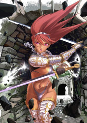 Rule 34 | 1girl, arch, armor, bikini armor, boots, breasts, chain, clenched teeth, collar, cowboy shot, dual wielding, gauntlets, hairband, highres, holding, kondosan, large breasts, looking at viewer, navel, original, pink eyes, red hair, running, shoulder armor, sideboob, solo, pauldrons, tan, tanline, teeth, thigh boots, thighhighs