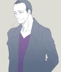 Rule 34 | 1boy, armkreuz, black hair, collarbone, doctor who, jacket, long sleeves, male focus, ninth doctor, open clothes, open jacket, shirt, short hair, smile, smirk, solo, t-shirt, the doctor, very short hair