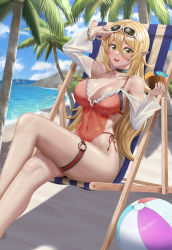 Rule 34 | 1girl, arm up, ball, bare legs, beach, beach chair, beachball, bead bracelet, beads, bendy straw, black choker, blonde hair, blue sky, blurry, blurry background, blush, bracelet, breasts, choker, cleavage, cloud, coconut, coconut tree, commentary, covered navel, crossed legs, day, deck chair, detached sleeves, drink, drinking straw, eyewear on head, feet out of frame, green eyes, hair between eyes, hair ornament, halterneck, hand up, highleg, highleg swimsuit, highres, holding, holding drink, horizon, impossible clothes, jewelry, large breasts, long hair, looking at viewer, nail polish, ocean, one-piece swimsuit, open mouth, original, outdoors, palm tree, pink nails, pointy ears, red one-piece swimsuit, sand, see-through, shiny skin, side-tie swimsuit, silvertsuki, sitting, sky, solo, summer, sunglasses, swimsuit, teeth, thigh strap, thighs, tree, tropical drink, upper teeth only, water, waves, white-framed eyewear